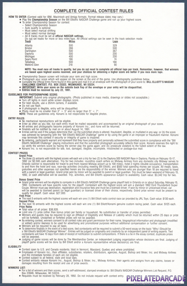Bill Elliott's NASCAR Challenge Package Contents: NASCAR Challenge contest entry form - Back Bill Elliott's NASCAR Challenge Package Contents: NASCAR Challenge contest entry form - Back