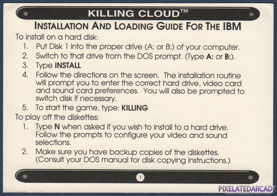 Killing Cloud Package Contents: IBM version instructions addendum - Front Killing Cloud Package Contents: IBM version instructions addendum - Front