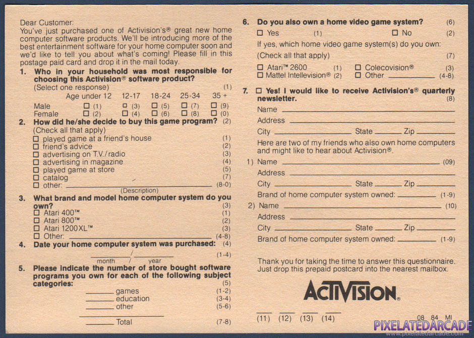 Pitfall II: Lost Caverns Package Contents: Warranty registration card - Back Pitfall II: Lost Caverns Package Contents: Warranty registration card - Back