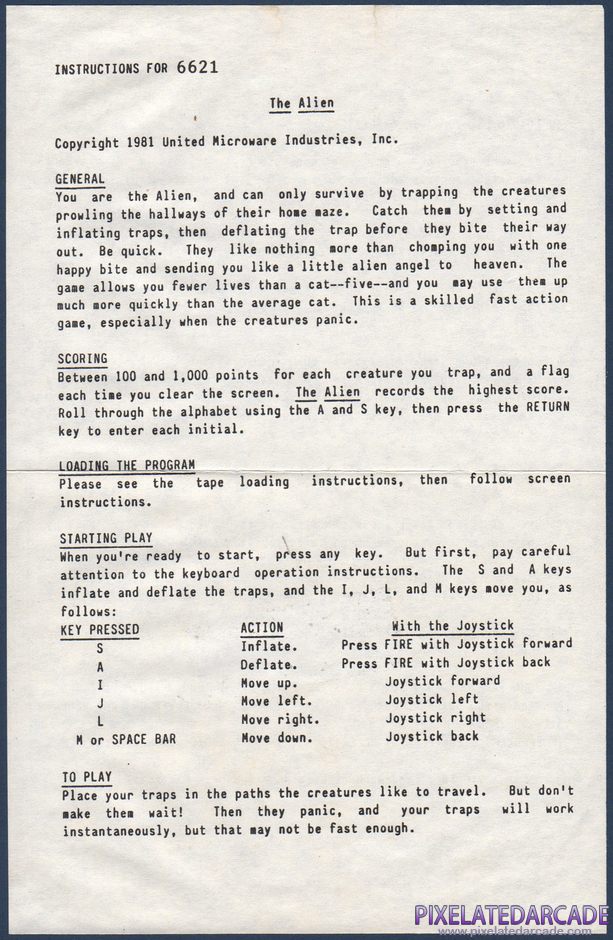 The Alien Package Contents: Instruction sheet - Front