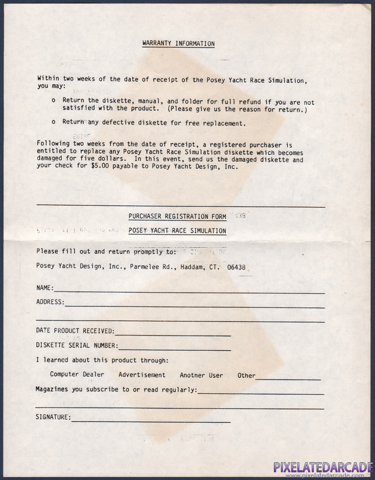 Posey Yacht Race Simulation Package Contents: Warranty registration sheet Posey Yacht Race Simulation Package Contents: Warranty registration sheet