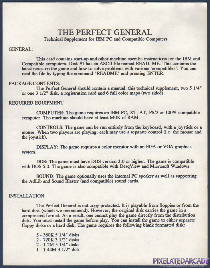 The Perfect General Package Contents: Technical addendum - Front
