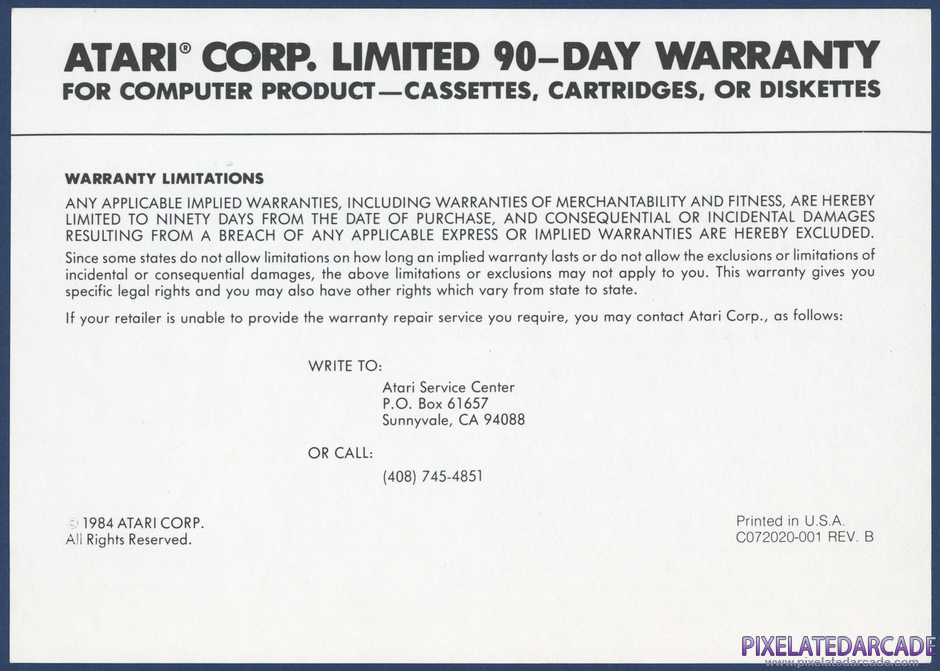 Star Raiders Package Contents: Warranty information card - Front Star Raiders Package Contents: Warranty information card - Front