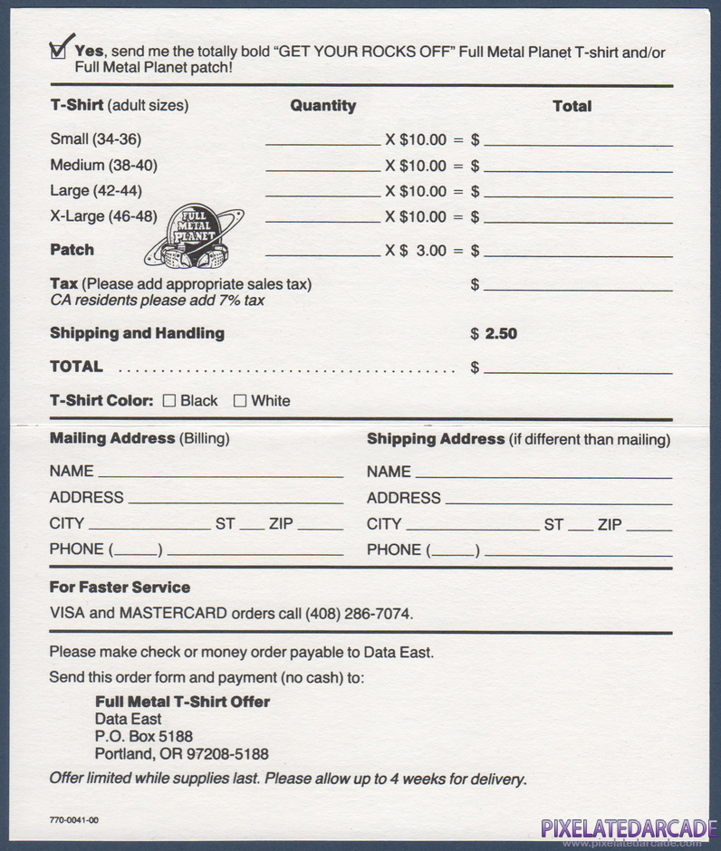Full Metal Planet Package Contents: Full Metal Planet t-shirt offer card - Back Full Metal Planet Package Contents: Full Metal Planet t-shirt offer card - Back