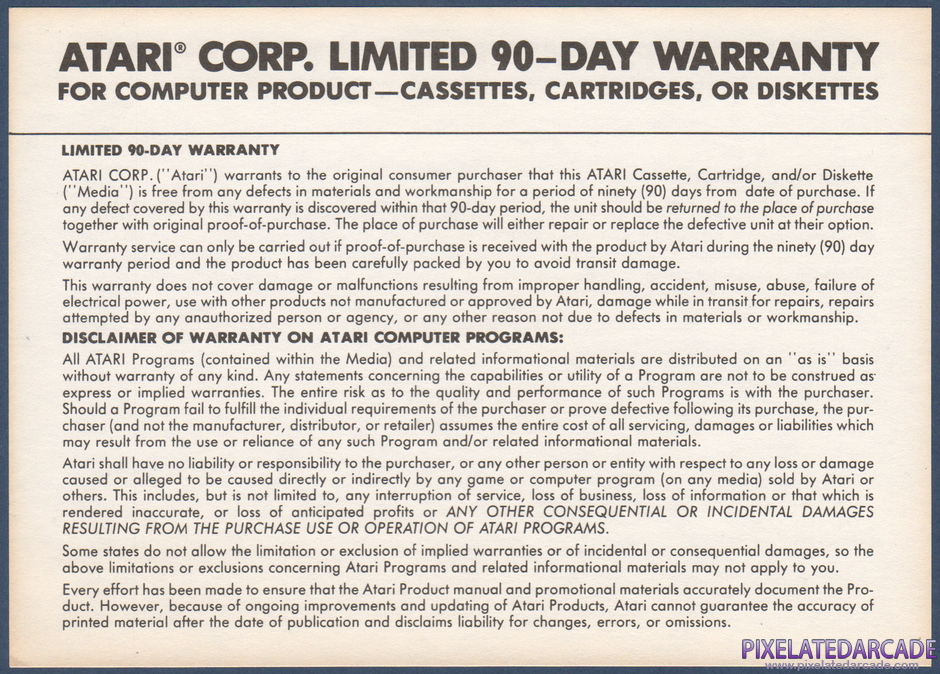 Donkey Kong Junior Package Contents: Warranty information card - Back Donkey Kong Junior Package Contents: Warranty information card - Back