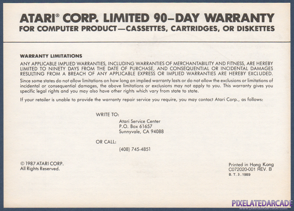 Donkey Kong Junior Package Contents: Warranty information card - Front