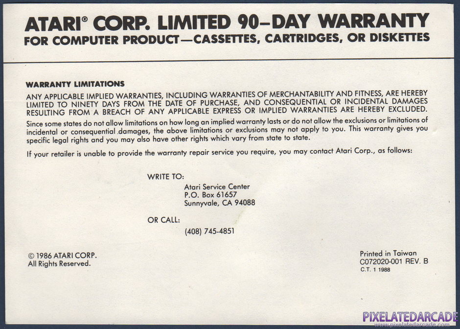 Donkey Kong Junior Package Contents: Warranty information card - Front Donkey Kong Junior Package Contents: Warranty information card - Front