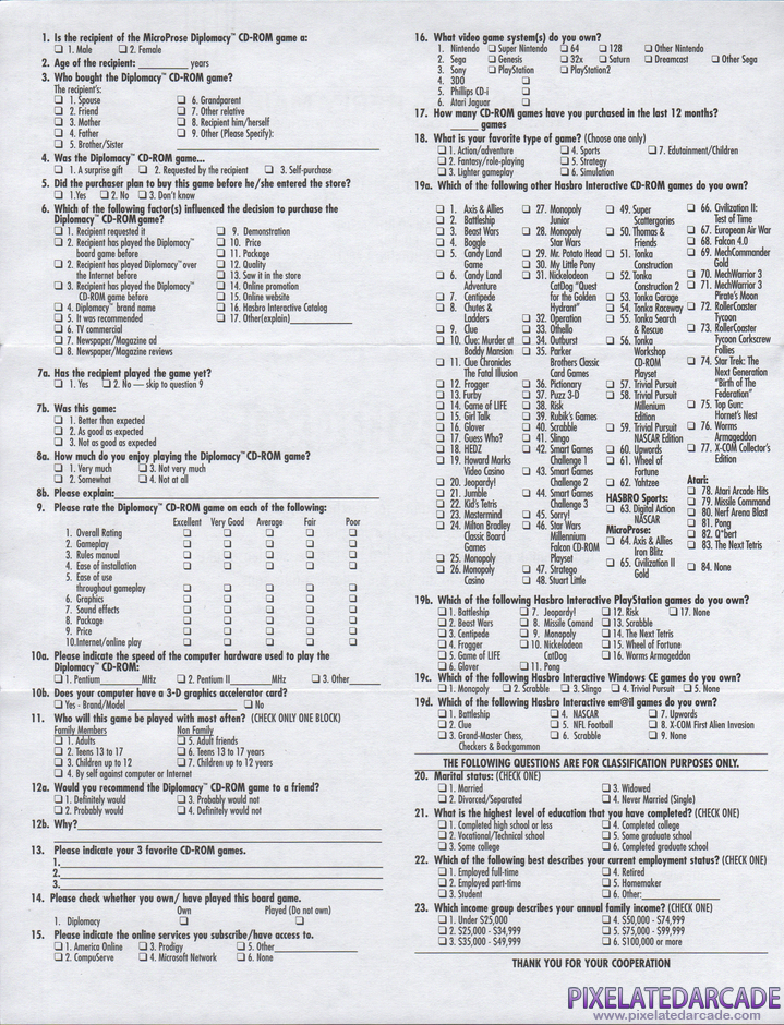 Avalon Hill's Diplomacy Package Contents: Diplomacy questionaire - Back Avalon Hill's Diplomacy Package Contents: Diplomacy questionaire - Back