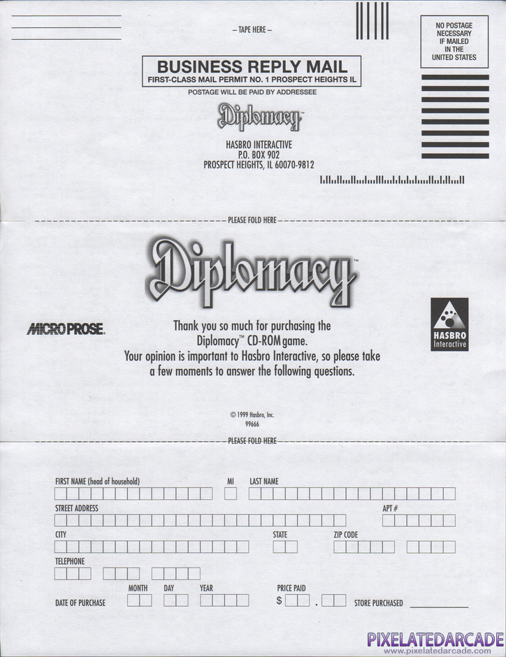 Avalon Hill's Diplomacy Package Contents: Diplomacy questionaire - Front Avalon Hill's Diplomacy Package Contents: Diplomacy questionaire - Front