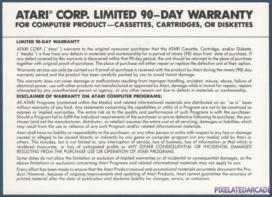 Robotron: 2084 Package Contents: Warranty information card - Back Robotron: 2084 Package Contents: Warranty information card - Back