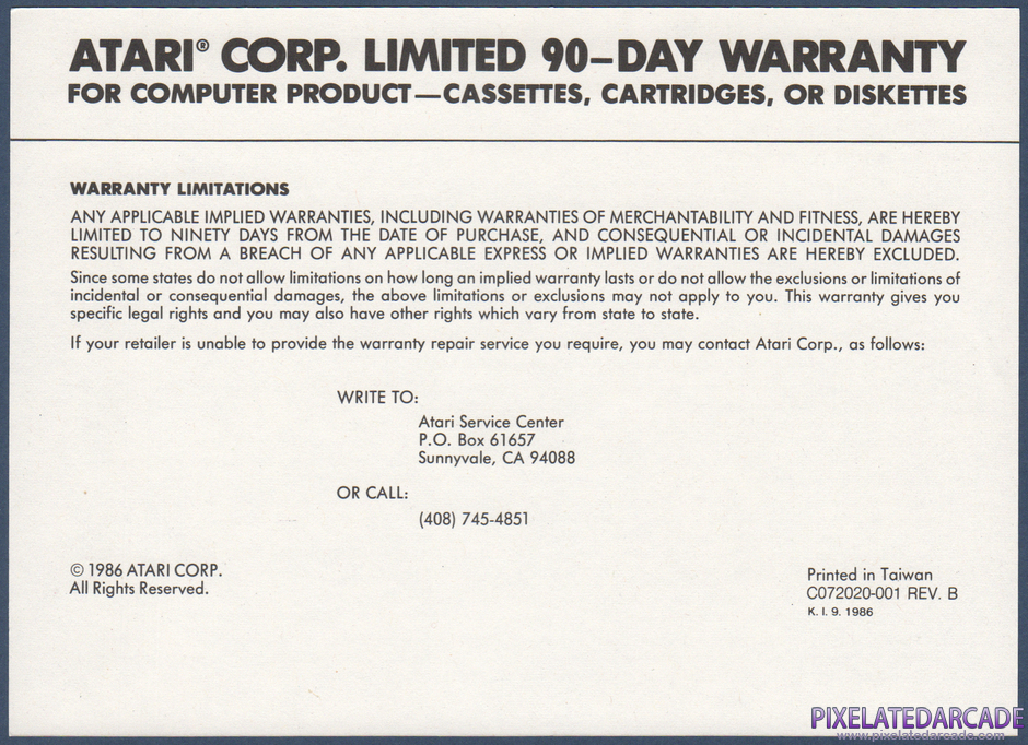 Robotron: 2084 Package Contents: Warranty information card - Front Robotron: 2084 Package Contents: Warranty information card - Front