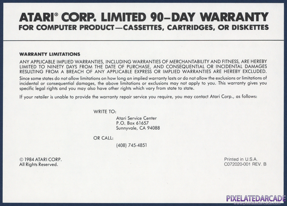 Robotron: 2084 Package Contents: Warranty information card - Back Robotron: 2084 Package Contents: Warranty information card - Back