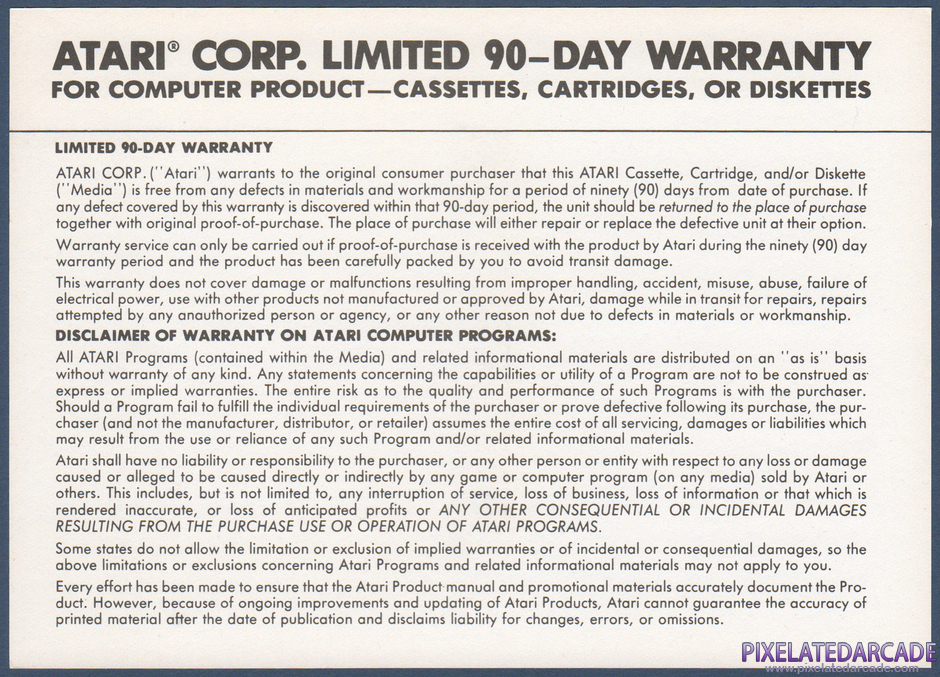 Asteroids Package Contents: Warranty information card - Back Asteroids Package Contents: Warranty information card - Back