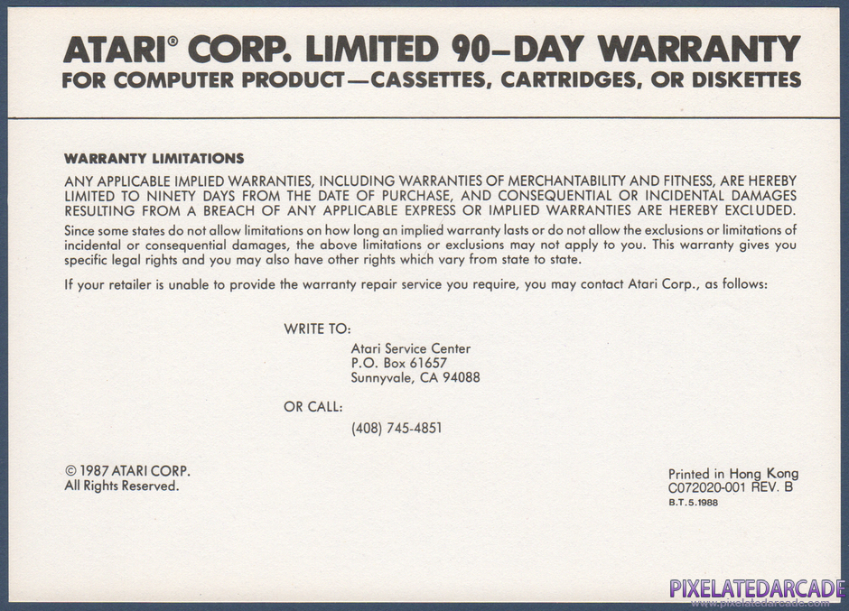 Asteroids Package Contents: Warranty information card - Front Asteroids Package Contents: Warranty information card - Front