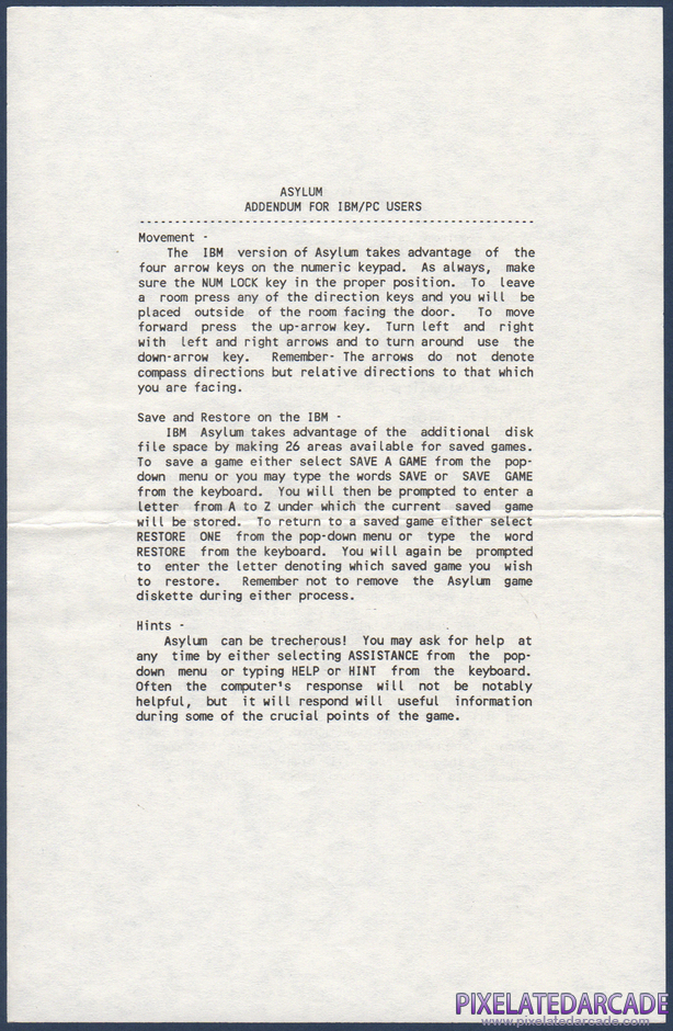 Asylum Package Contents: IBM PC version addendum - Back Asylum Package Contents: IBM PC version addendum - Back