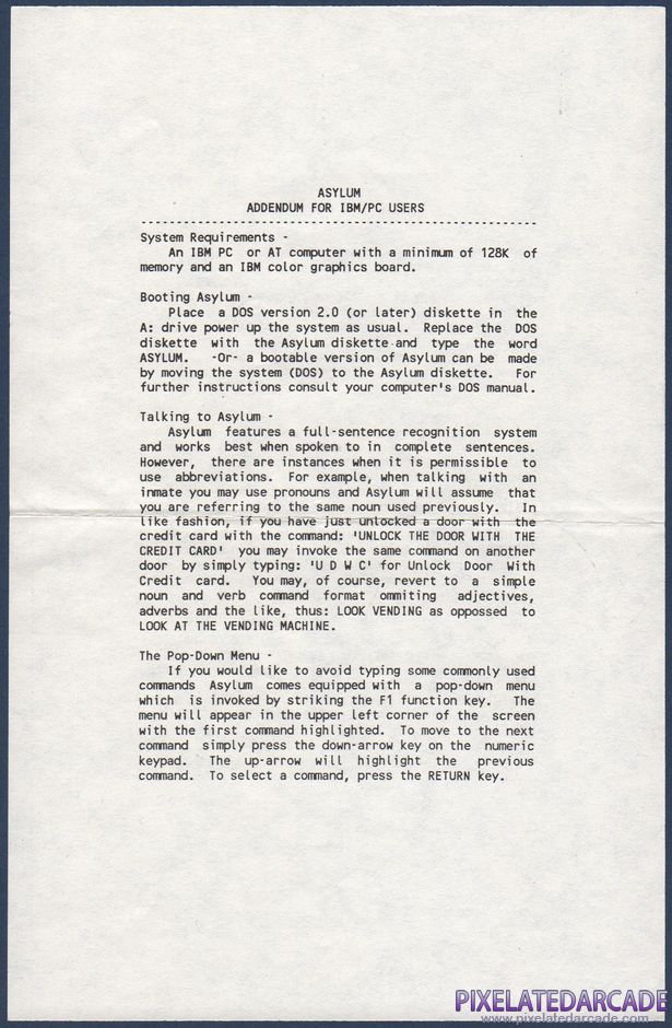 Asylum Package Contents: IBM PC version addendum - Front Asylum Package Contents: IBM PC version addendum - Front