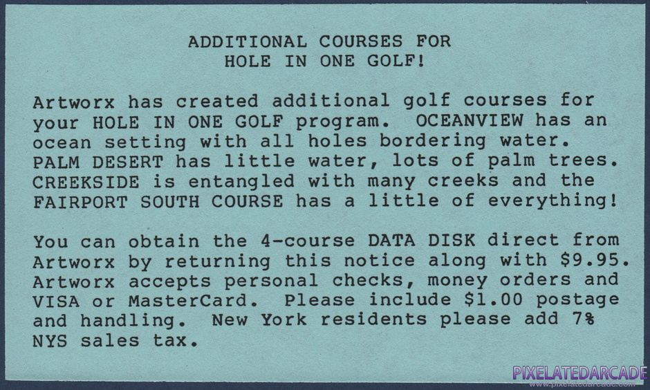 Hole in One Golf Package Contents: Additional courses disk addendum Hole in One Golf Package Contents: Additional courses disk addendum