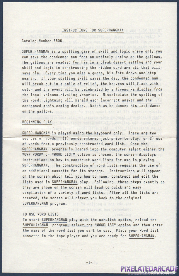 Super Hangman Package Contents: Instruction sheet - Page 1 Super Hangman Package Contents: Instruction sheet - Page 1