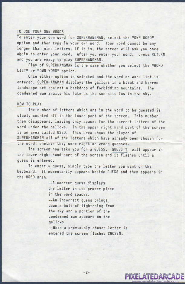 Super Hangman Package Contents: Instruction sheet - Page 2 Super Hangman Package Contents: Instruction sheet - Page 2