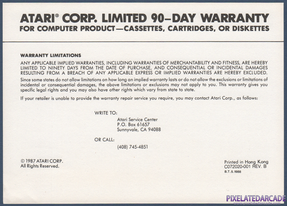 Ballblazer Package Contents: Warranty information card - Front Ballblazer Package Contents: Warranty information card - Front