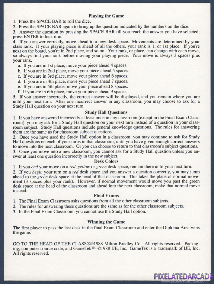 Go to the Head of the Class Package Contents: Instruction sheet - Back Go to the Head of the Class Package Contents: Instruction sheet - Back