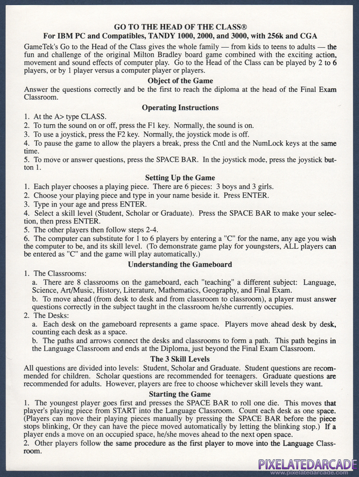 Go to the Head of the Class Package Contents: Instruction sheet - Front Go to the Head of the Class Package Contents: Instruction sheet - Front