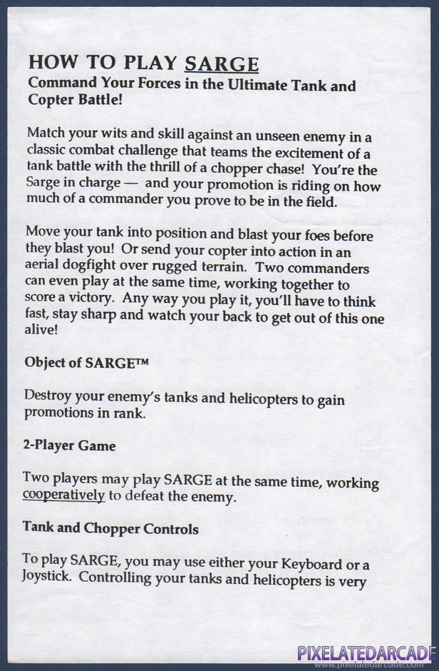 Sarge Package Contents: Instruction sheet - Front Sarge Package Contents: Instruction sheet - Front
