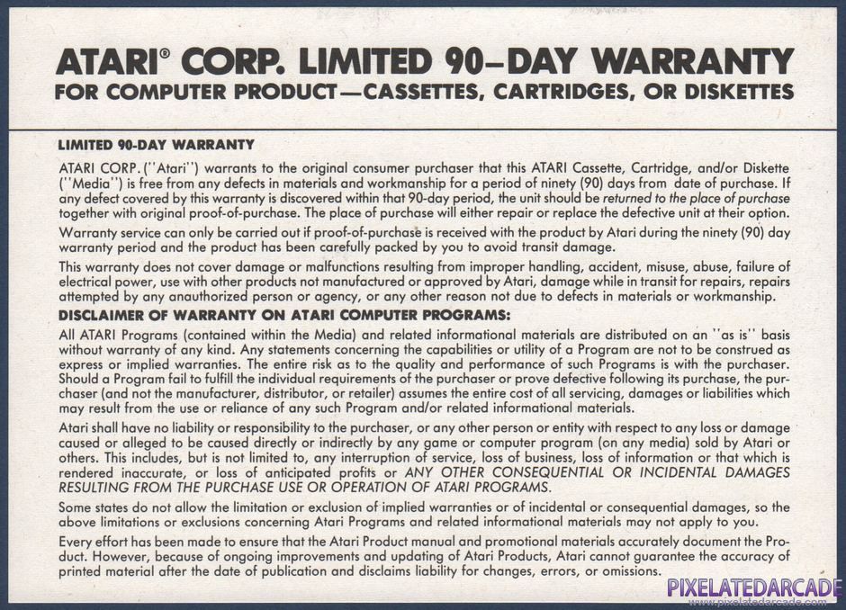 Missile Command Package Contents: Warranty information card - Back Missile Command Package Contents: Warranty information card - Back