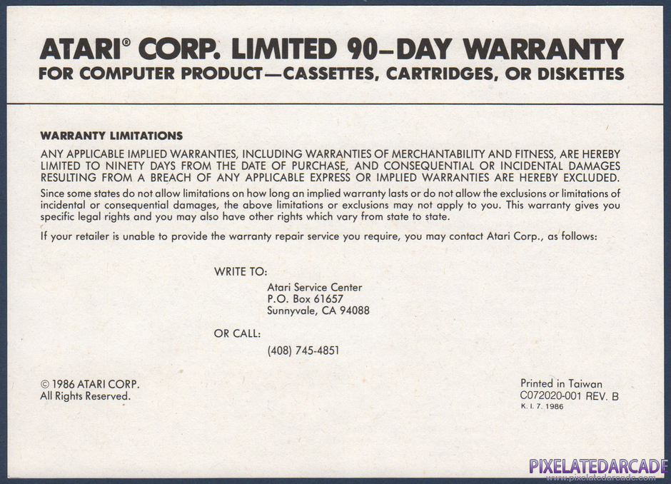 Missile Command Package Contents: Warranty information card - Front Missile Command Package Contents: Warranty information card - Front