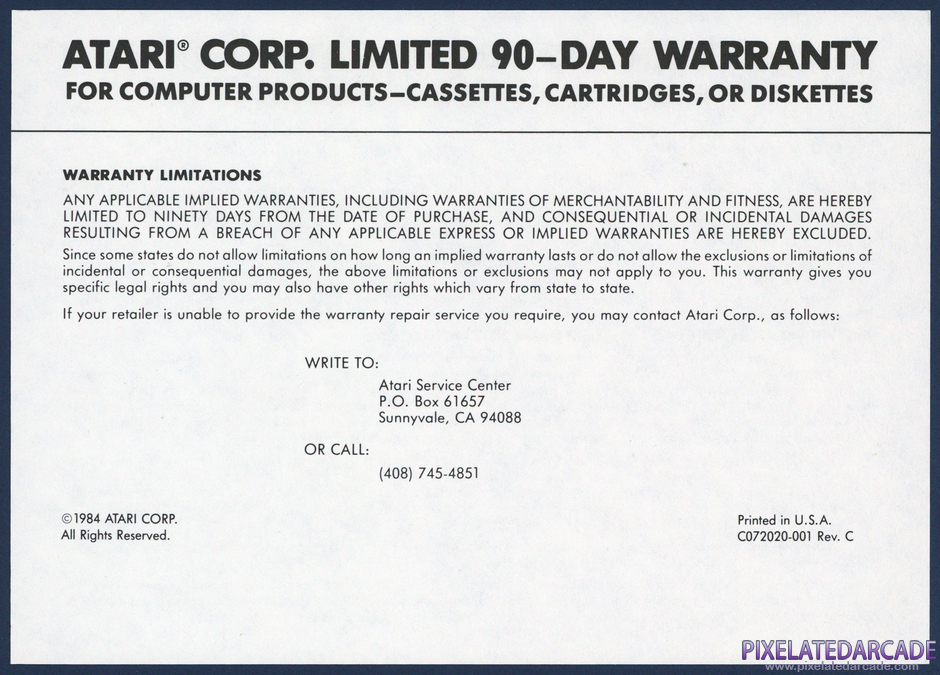 Missile Command Package Contents: Warranty information card - Front Missile Command Package Contents: Warranty information card - Front
