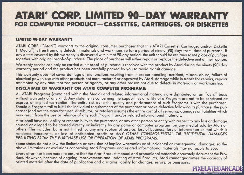 Impossible Mission Package Contents: Warranty information card - Back Impossible Mission Package Contents: Warranty information card - Back