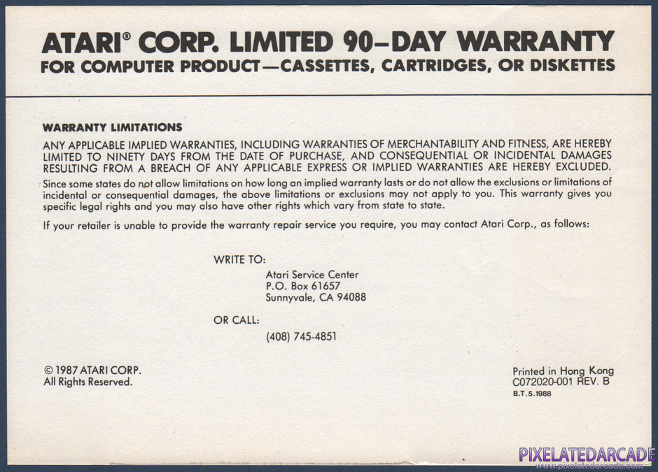 Impossible Mission Package Contents: Warranty information card - Front Impossible Mission Package Contents: Warranty information card - Front