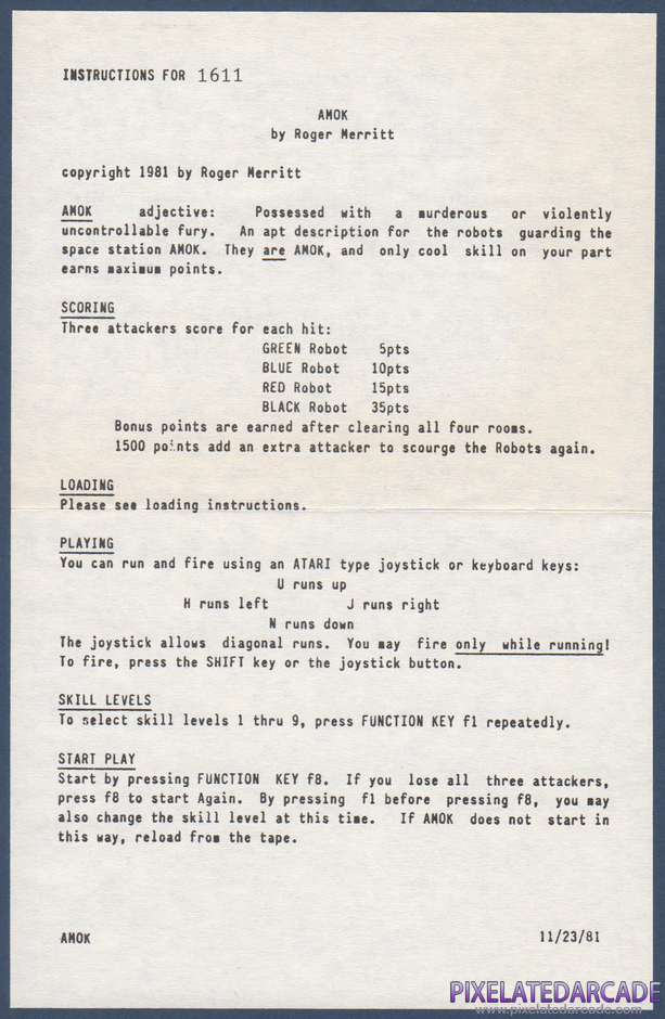 Amok Package Contents: Instruction sheet - Front