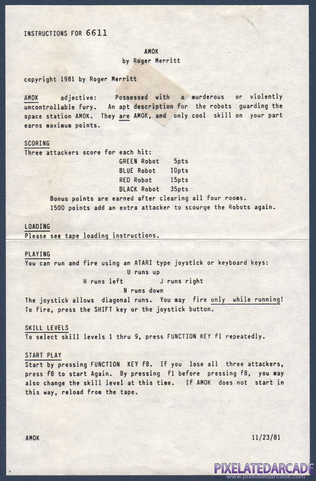 Amok Package Contents: Instruction sheet - Front