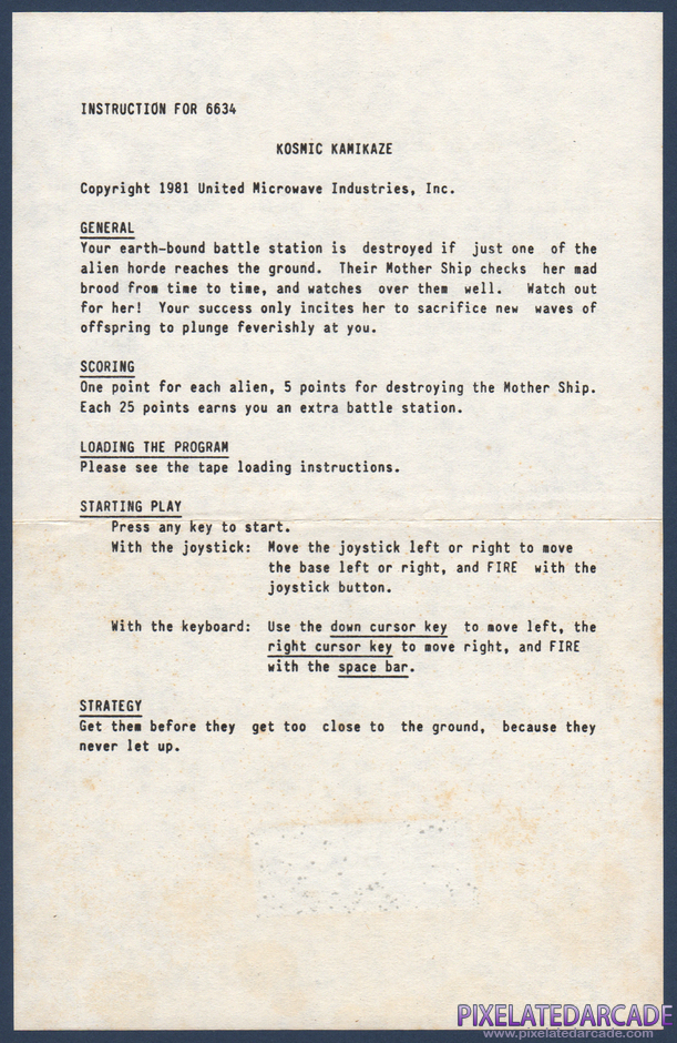 Kosmic Kamikaze Package Contents: Instruction sheet - Front Kosmic Kamikaze Package Contents: Instruction sheet - Front