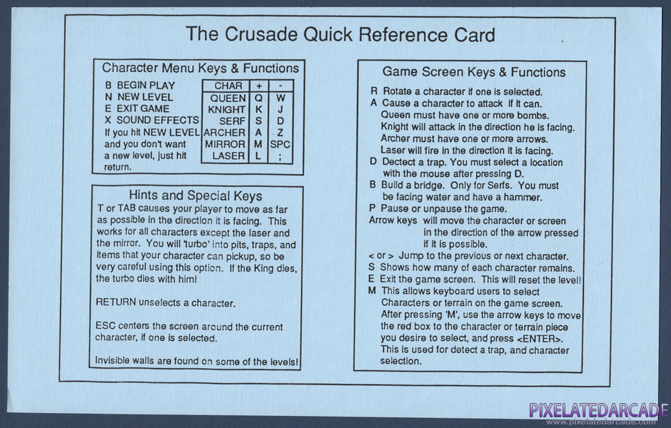 The Crusade Package Contents: Quick reference card - Front The Crusade Package Contents: Quick reference card - Front