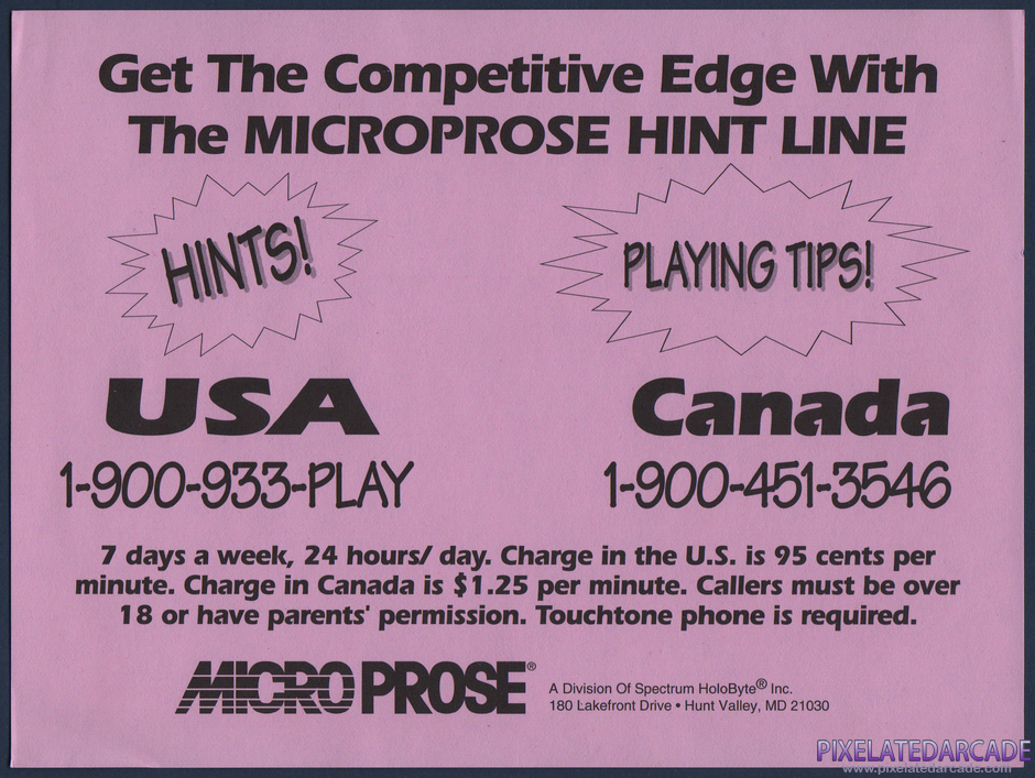 Sid Meier's Colonization Package Contents: Microprose hint line flyer - Front Sid Meier's Colonization Package Contents: Microprose hint line flyer - Front