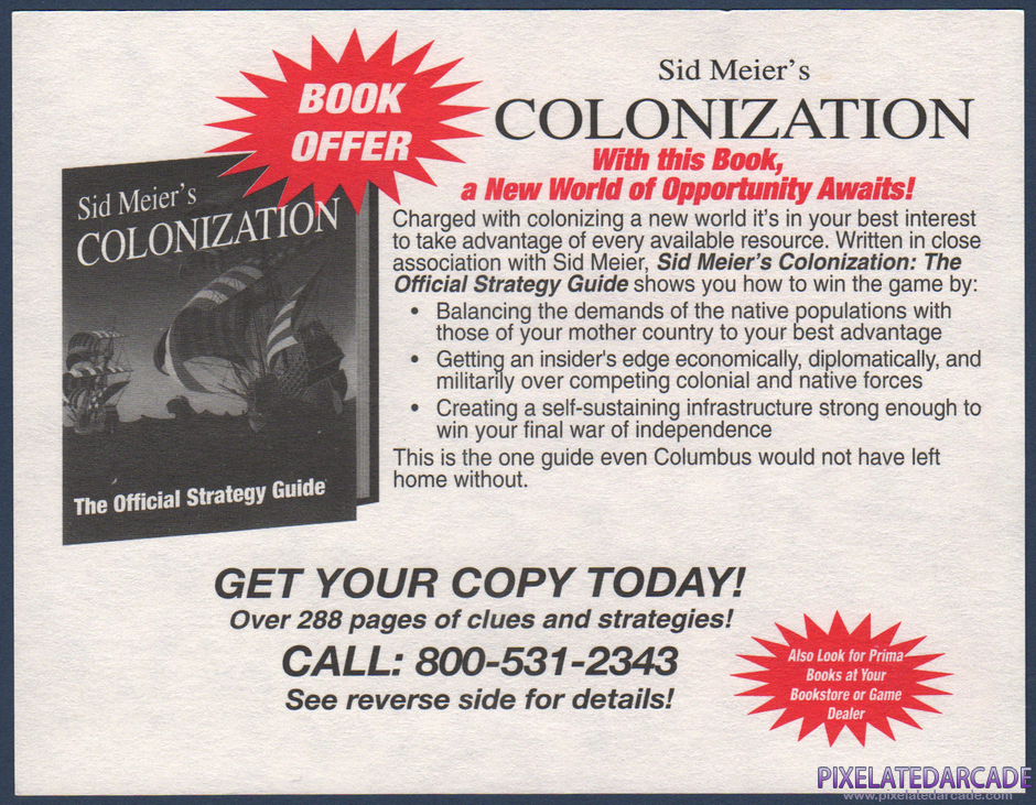 Sid Meier's Colonization Package Contents: Official strategy guide order form - Back Sid Meier's Colonization Package Contents: Official strategy guide order form - Back