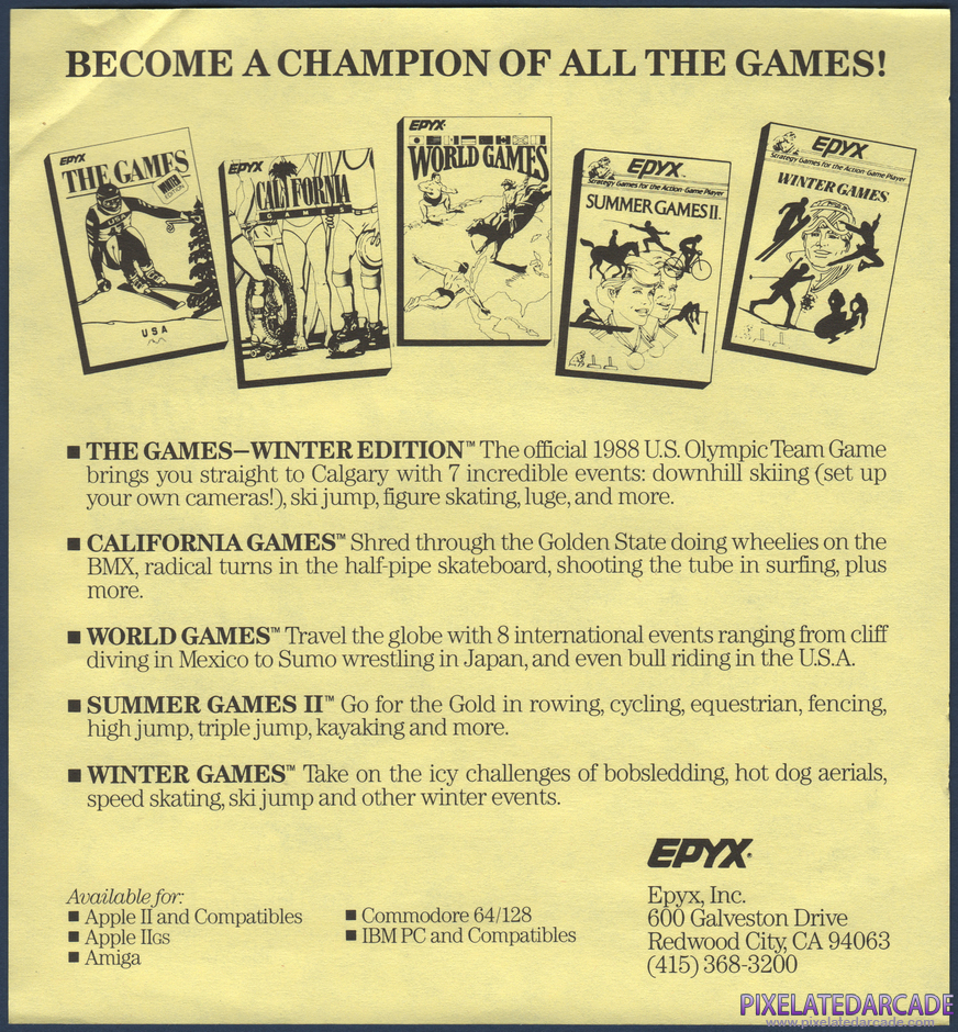 Spiderbot Package Contents: EPYX advertisement flyer for Impossible Mission II and sports games - Back