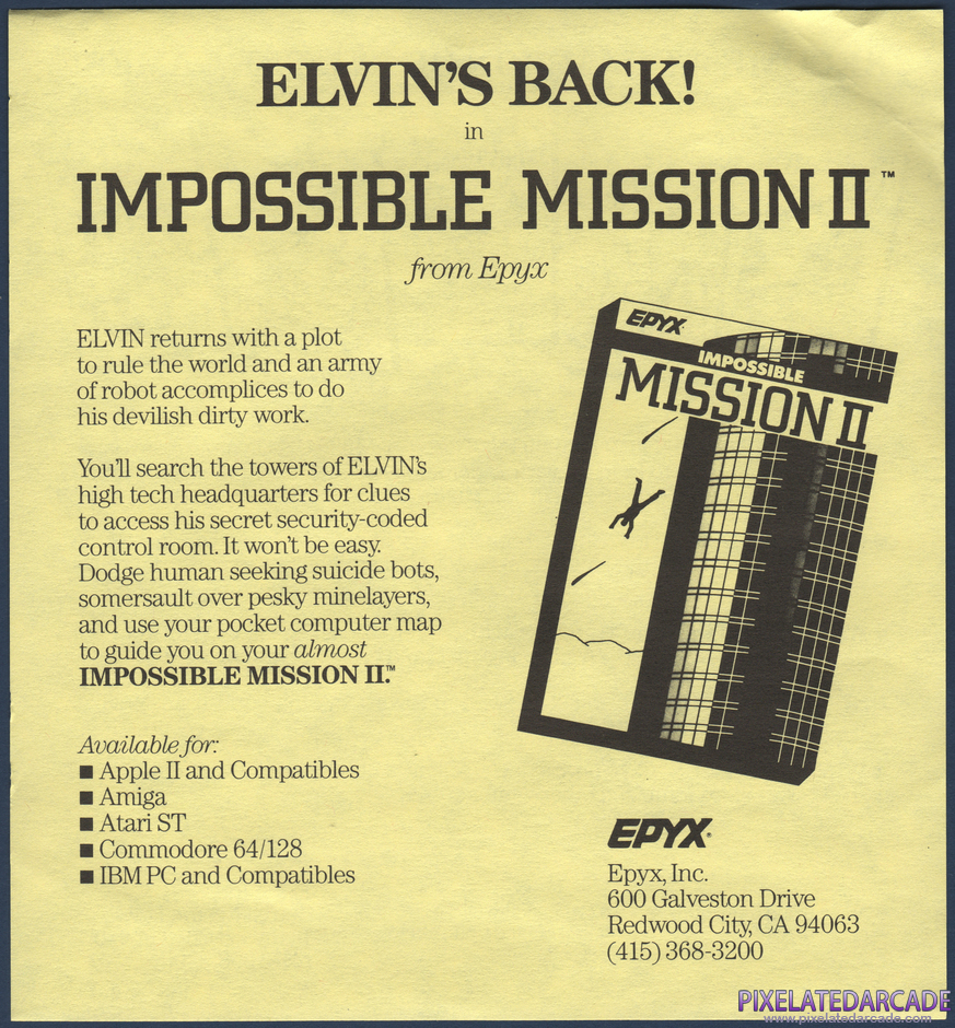 Spiderbot Package Contents: EPYX advertisement flyer for Impossible Mission II and sports games - Front Spiderbot Package Contents: EPYX advertisement flyer for Impossible Mission II and sports games - Front