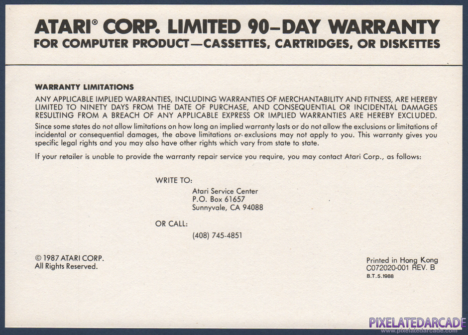 Galaga Package Contents: Warranty information card - Front Galaga Package Contents: Warranty information card - Front