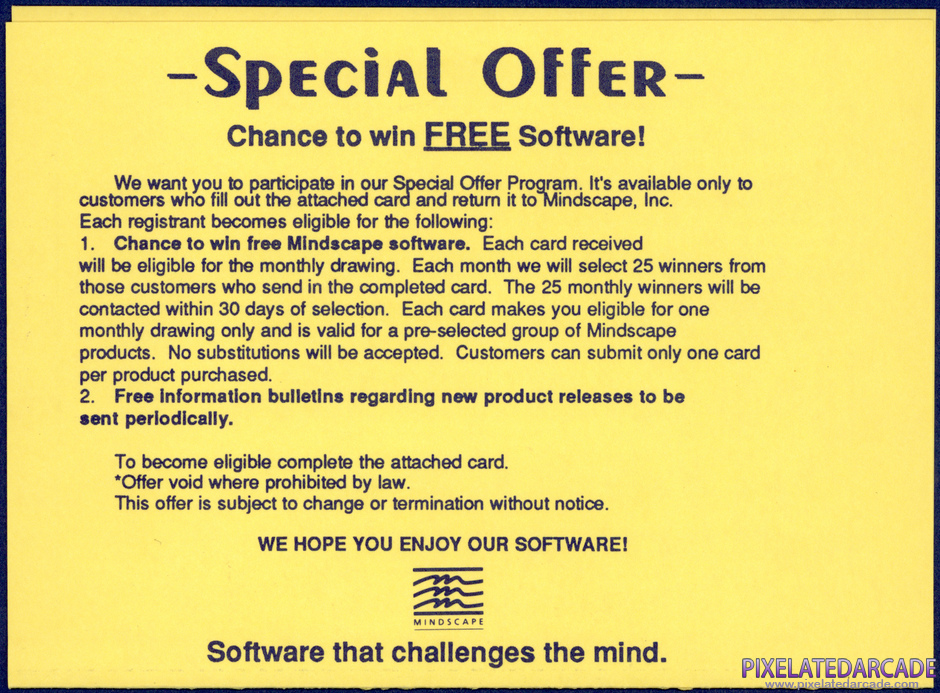Xevious Package Contents: Warranty registration card - Back