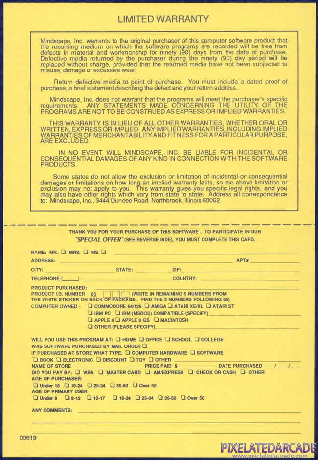 Xevious Package Contents: Warranty registration card - Inside