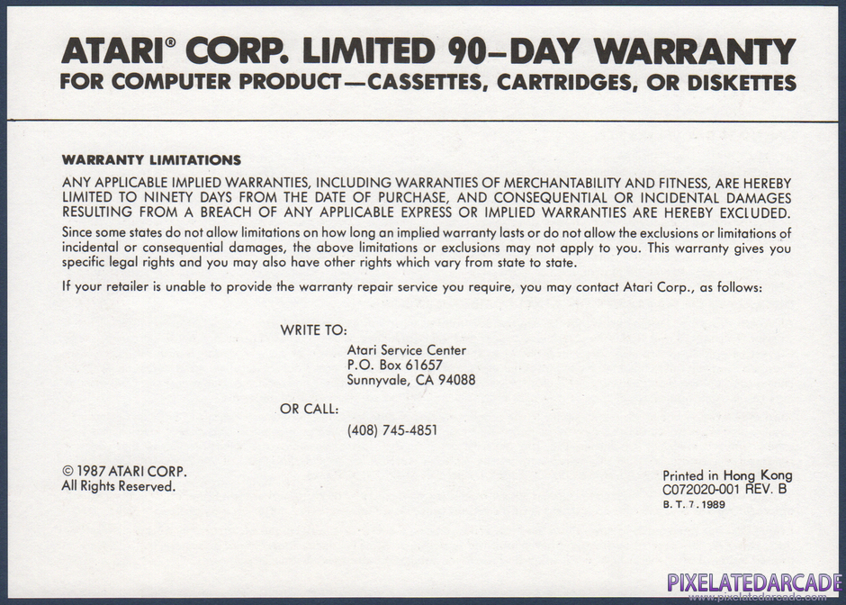 Xenophobe Package Contents: Warranty information card - Front Xenophobe Package Contents: Warranty information card - Front