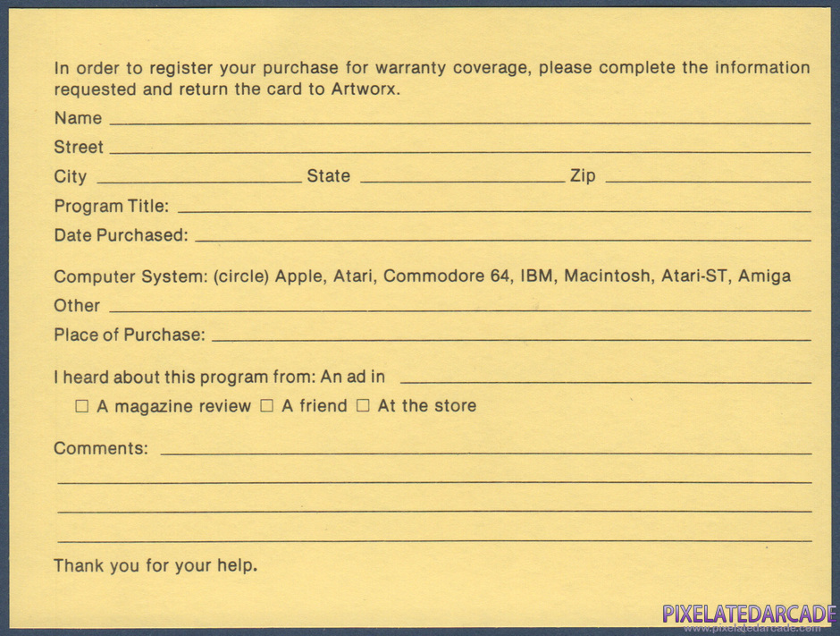 Hotel Alien Package Contents: Warranty registration card - Back
