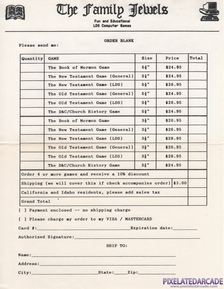The Book of Mormon Game Package Contents: The Family Jewels product order form The Book of Mormon Game Package Contents: The Family Jewels product order form