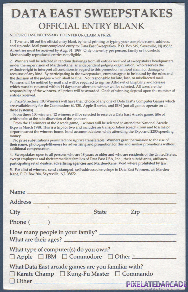 Tag Team Wrestling Package Contents: Data East sweepstakes card - Back Tag Team Wrestling Package Contents: Data East sweepstakes card - Back