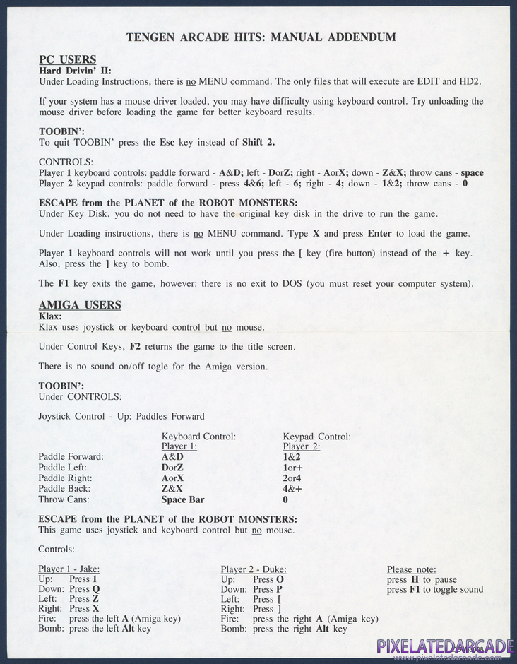 Tengen's Arcade Hits Package Contents: Manual addendum Tengen's Arcade Hits Package Contents: Manual addendum