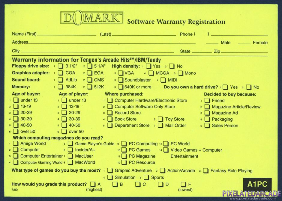 Tengen's Arcade Hits Package Contents: Warranty registration card - Back Tengen's Arcade Hits Package Contents: Warranty registration card - Back