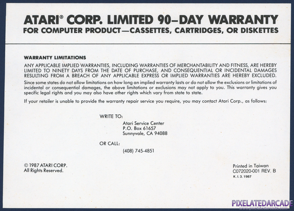 Final Legacy Package Contents: Warranty information card - Front Final Legacy Package Contents: Warranty information card - Front